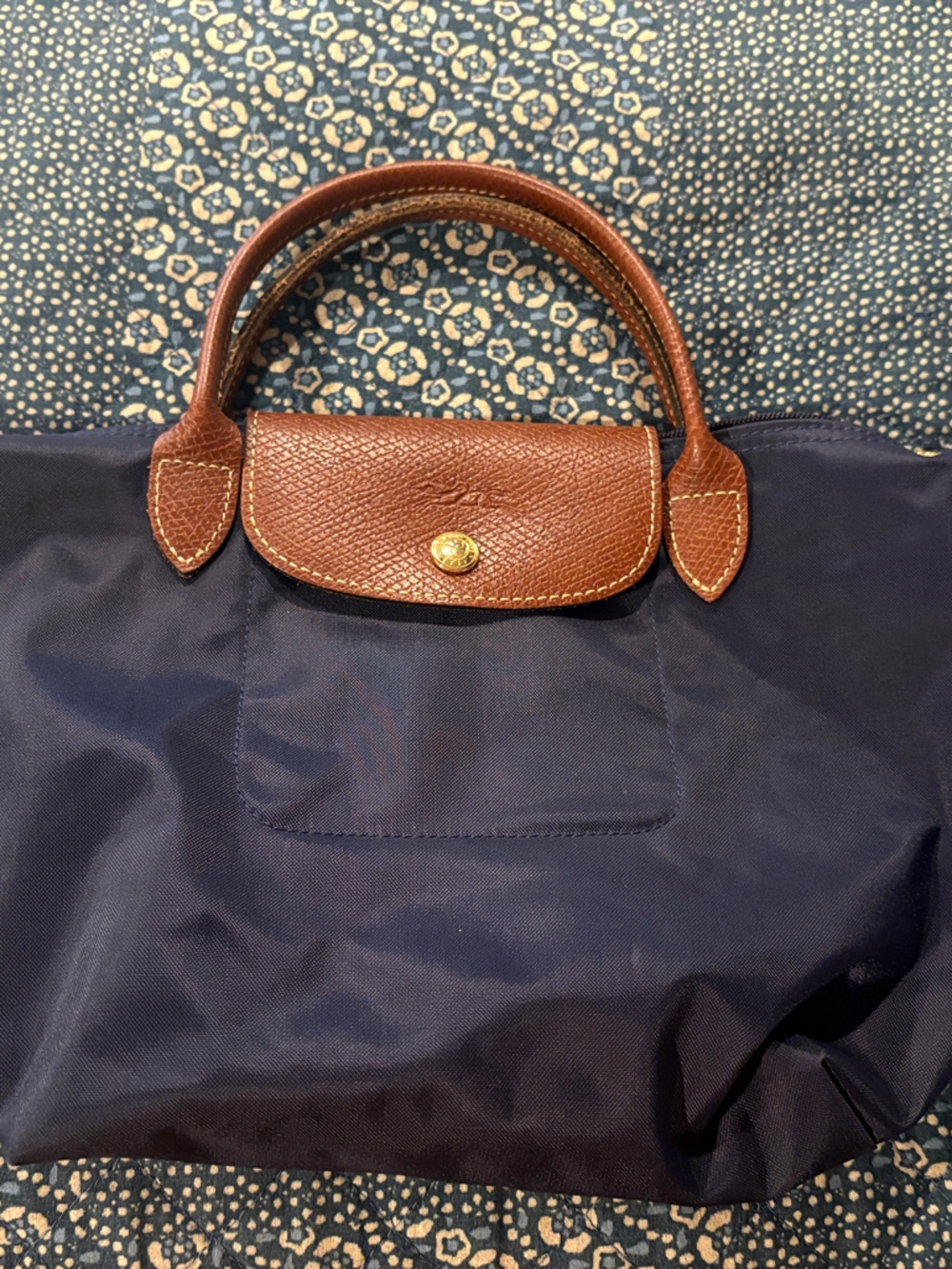 Longchamp Navy Tote with Brown Leather Trim